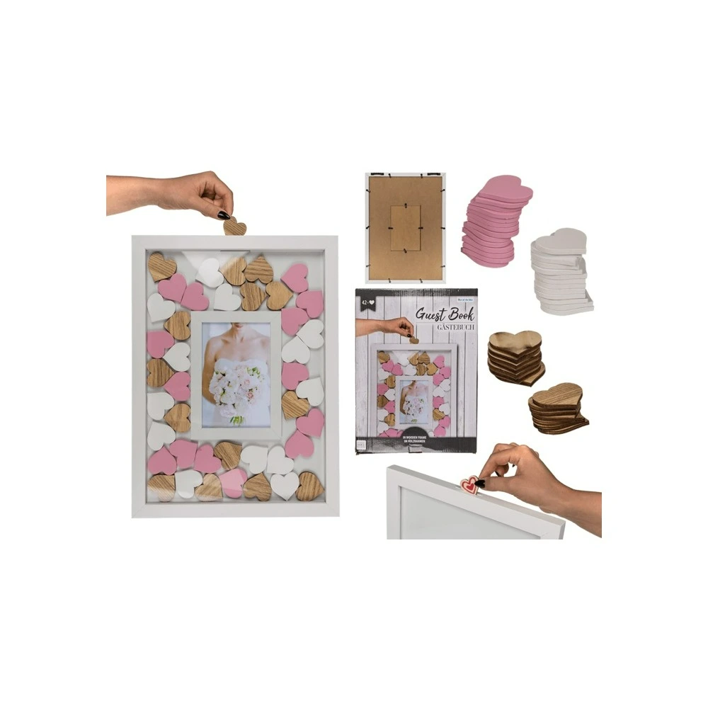 4029811444359 Out Of The Blue Guest book in picture frame with 42 writable wooden hearts in 3 colours, ca. 38 x 28 cm, with frame for photo size ca. 10 x 15 cm # 144312 in giftbox - Image 1