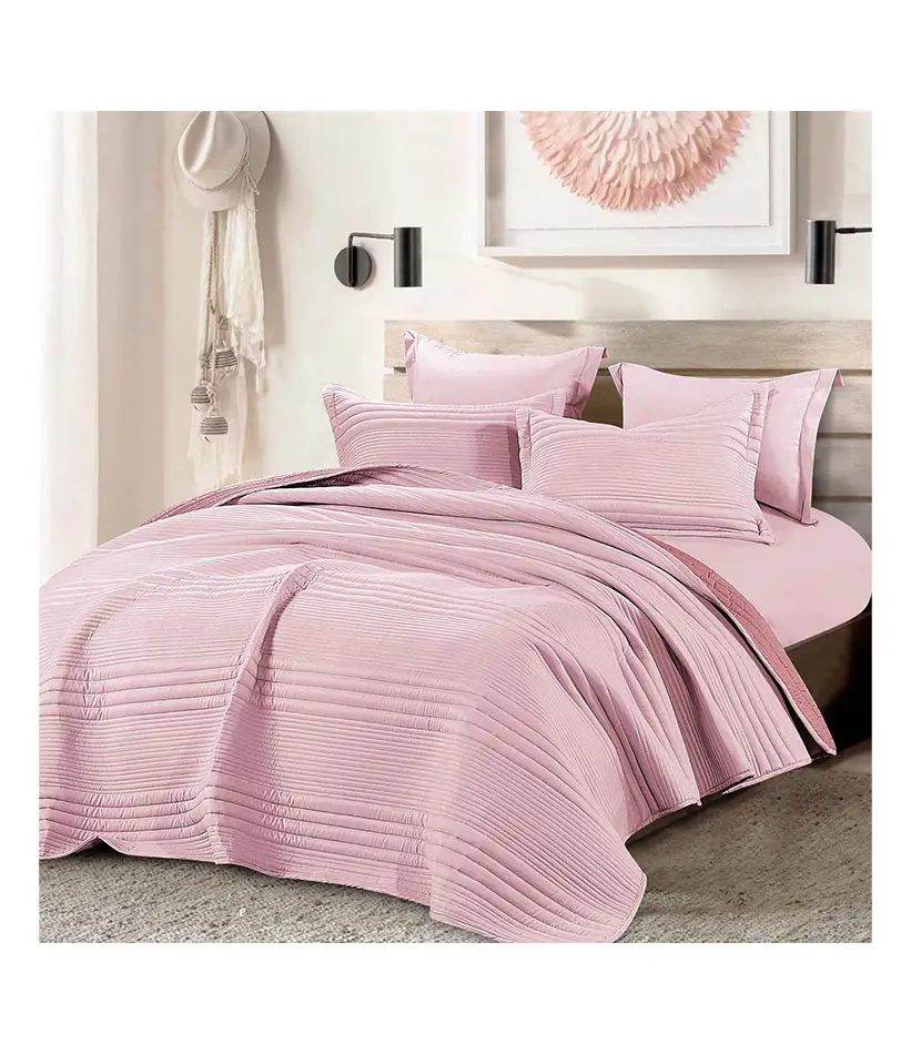 102427-06 PREMIUM SUMMER SINGLE SIZE 4 PC BEDSPREAD SET – STRAPPED WIDE LIGHT PINK - Image 1