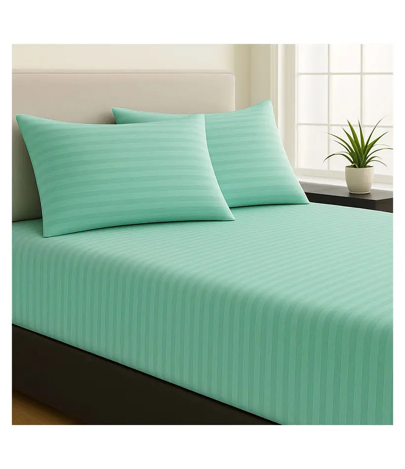 114157-08 Premium King Size Fitted Sheet Set – Striped Light Green - Image 1