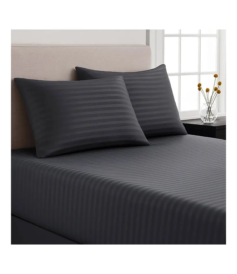 114157-14 Premium King Size Fitted Sheet Set – Striped Dark Gray - Image 1