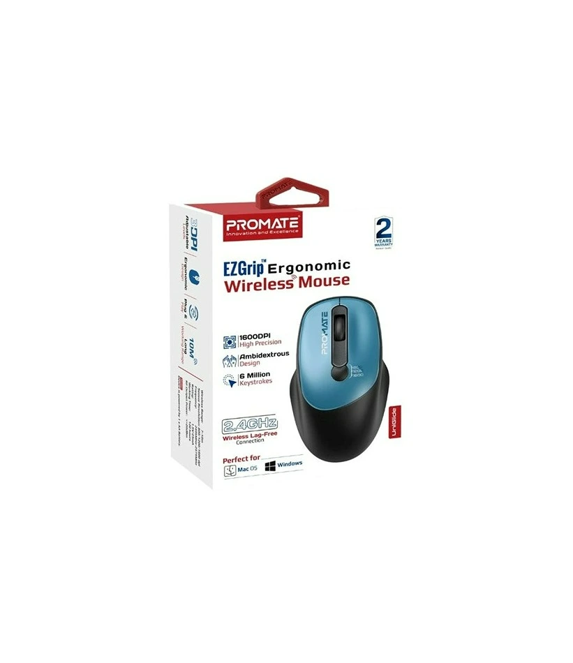 6959144064253 Promate Ergonomic Wireless Mouse Ezgrip #Uniglide Blue - Image 1