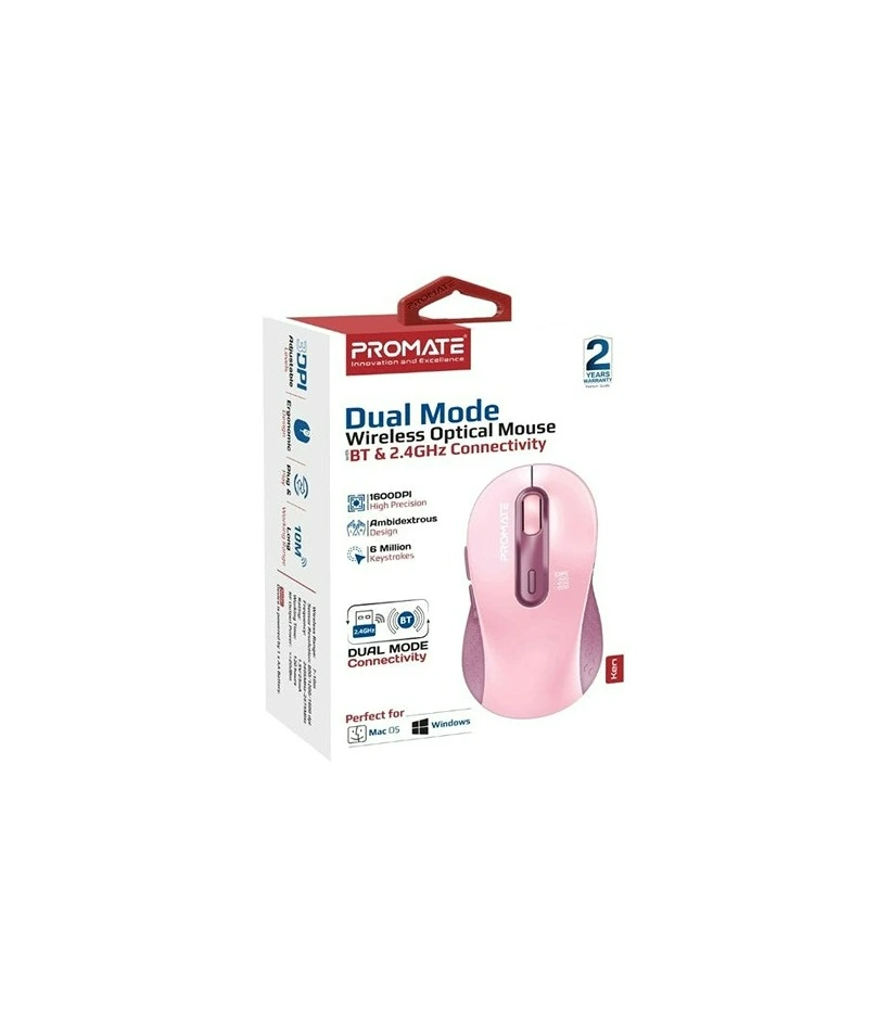 6959144064352 Promate Wireless Optical Mouse Dual Mode #Ken PINK - Image 1